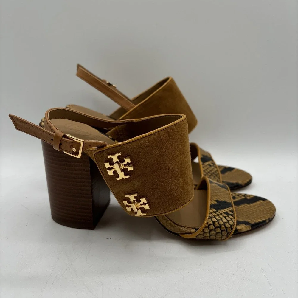 Tory‎ Burch Kira Heeled Sandals Women's 7 Brown Snake Print Suede Leather
